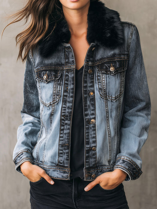 Black Eco Fur Collar Washed Blue Denim Jacket