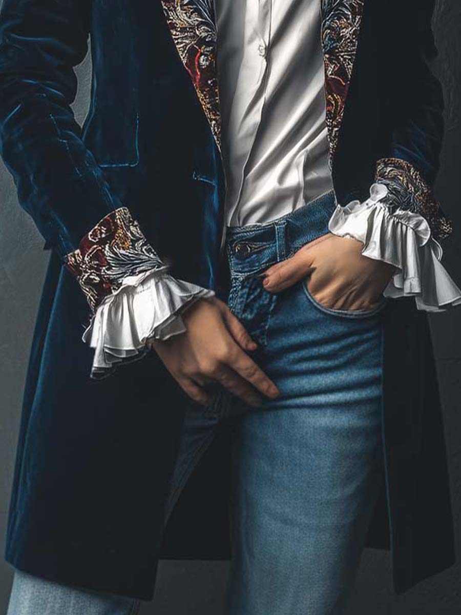 Velvet Blazer With Printed Lapel And Cuffs – Vintage Indigo Elegance