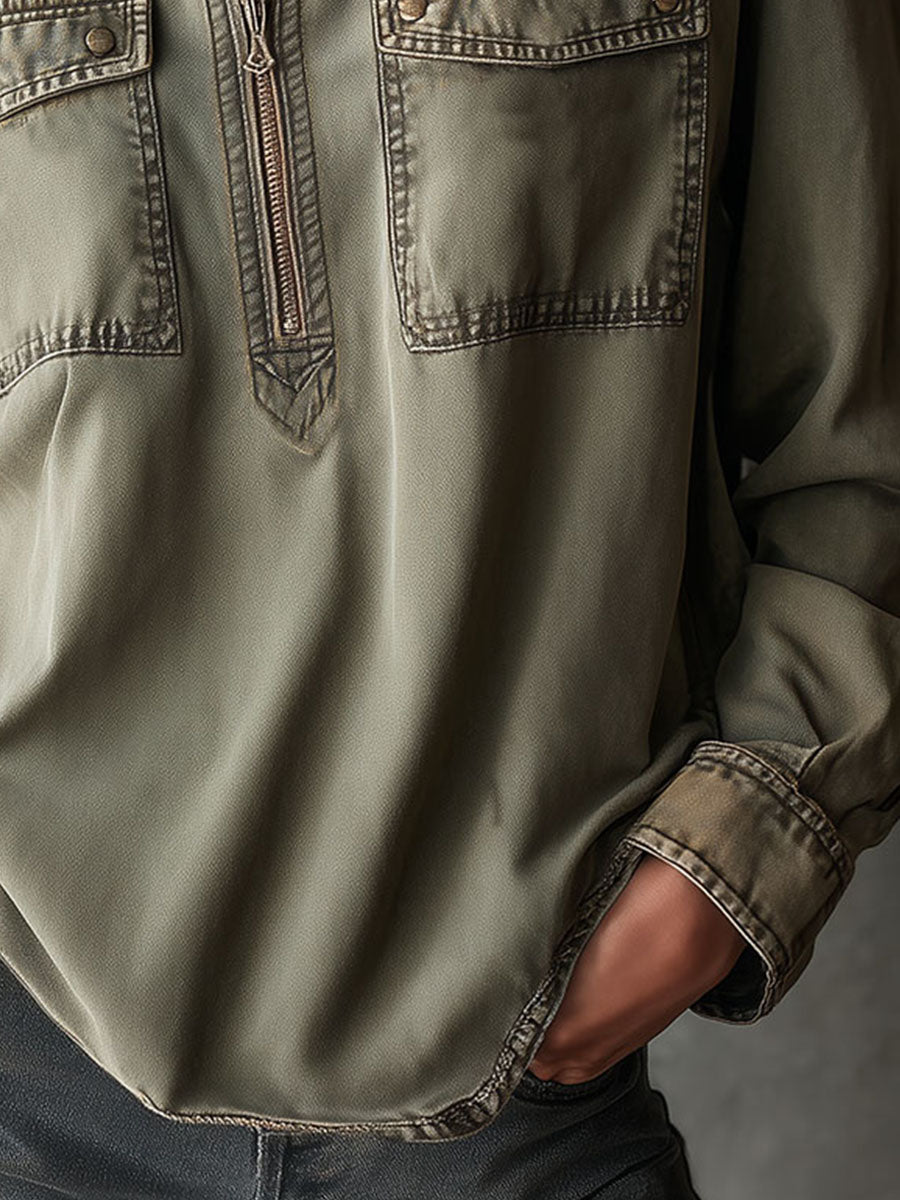 Vintage Relaxed Fit Zip-Front Washed Olive Utility Shirt