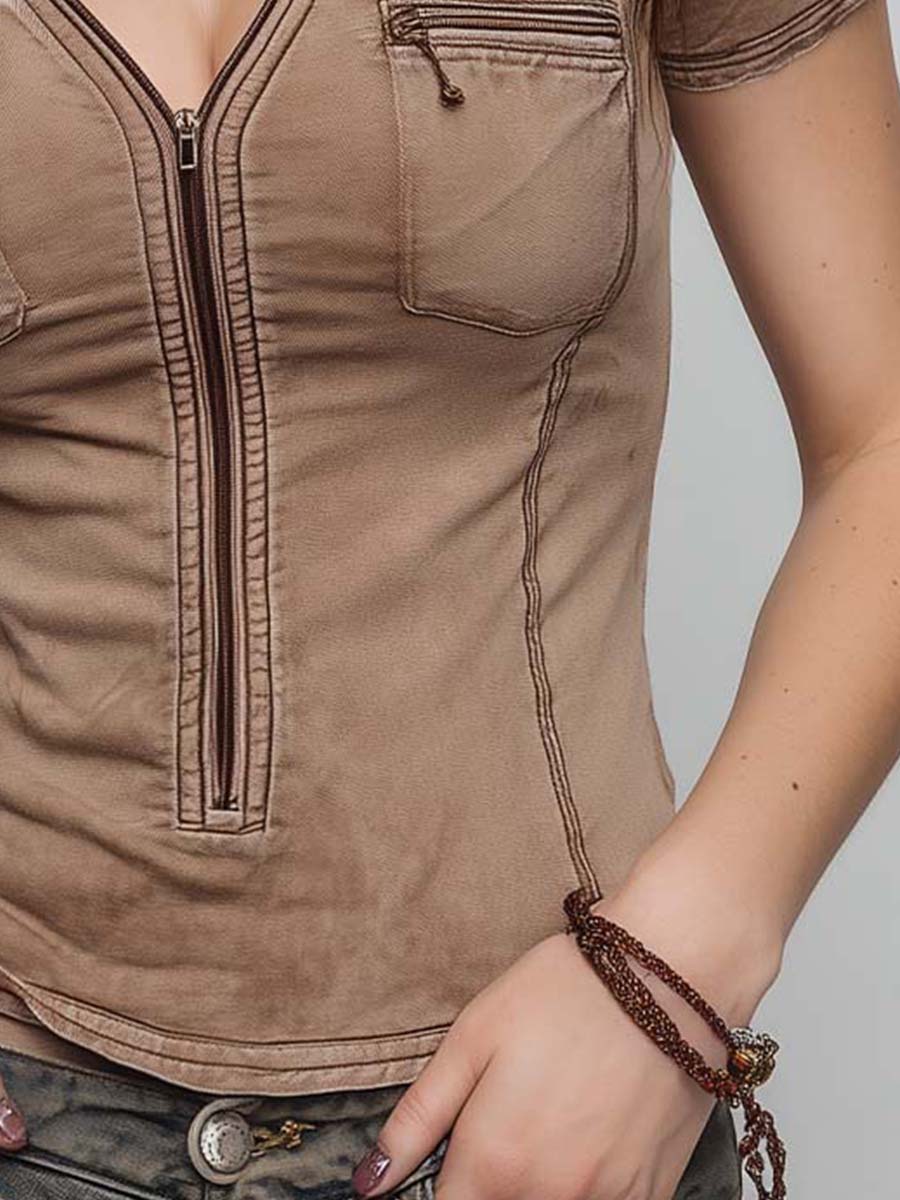 Sand Microsuede Utility Pocket Detail Zipper Slim Fit Top