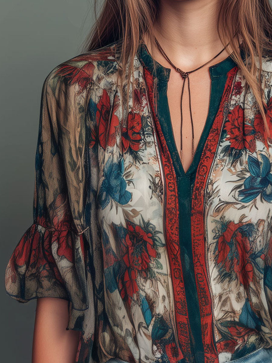 Bohemian V-Neck Sheer Floral Ruffle Sleeves Blouse