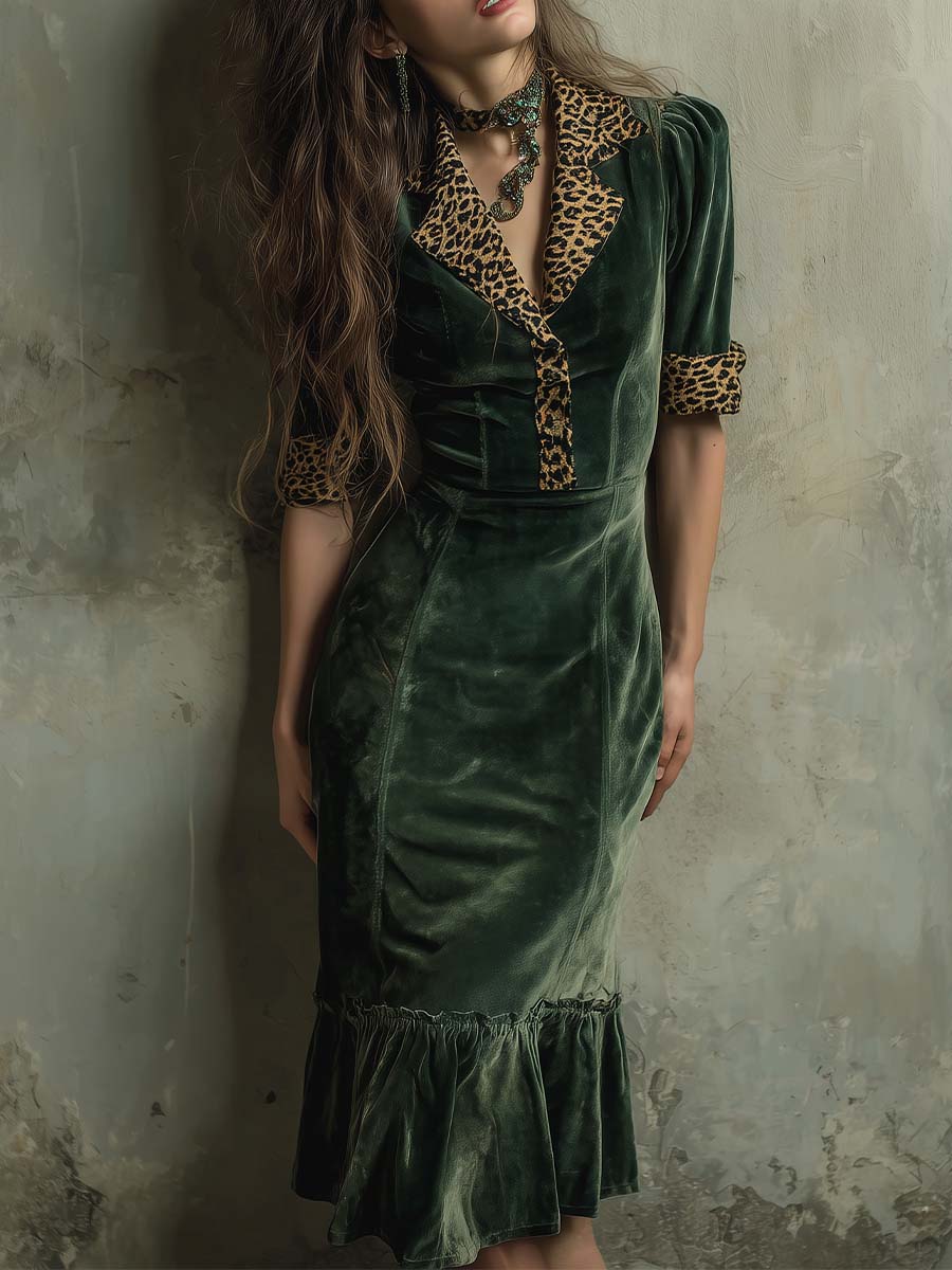 Vintage Green Velvet Leopard Patchwork Midi Dress