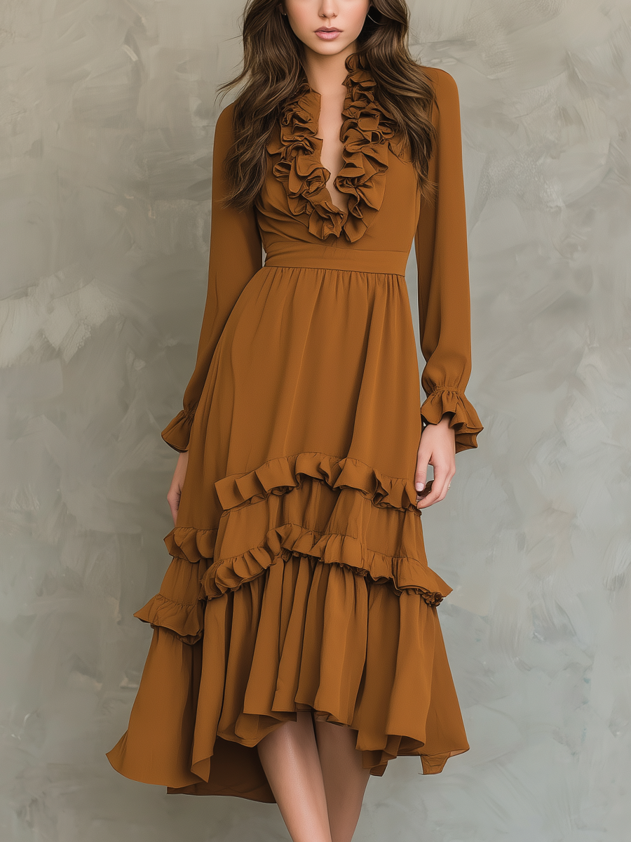 Retro Ruffle Neck Long-sleeved Midi Dress