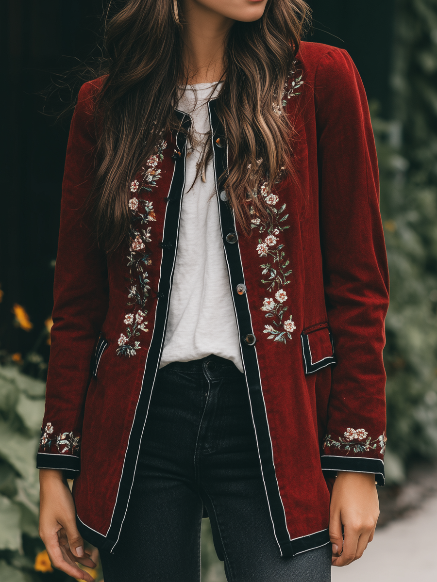 Vintage Contrasting Trim Embroidered Velvet Jacket