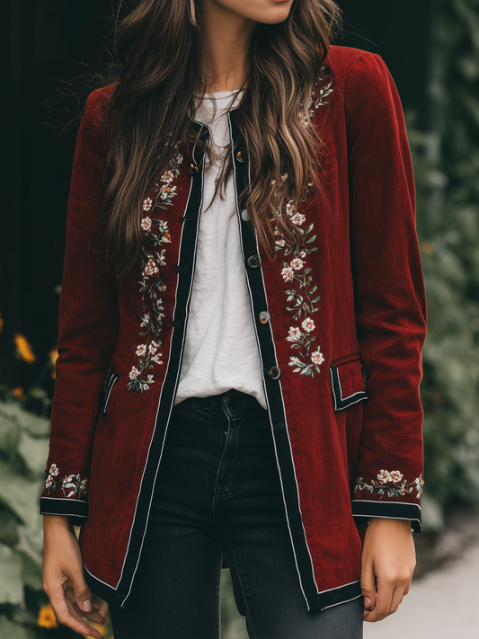 Vintage Contrasting Trim Embroidered Velvet Jacket