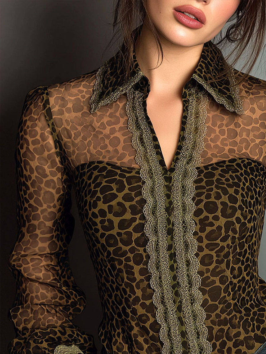 Retro Leopard Print Patchwork Lace Long Sleeve Sheer Shirt
