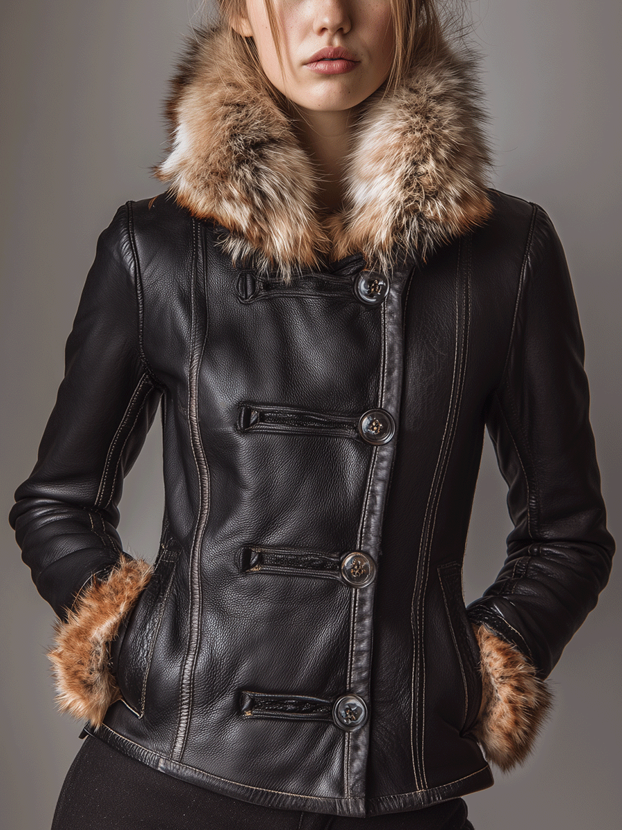 Classic Faux Leather Fur Collar Slim Fit Jacket