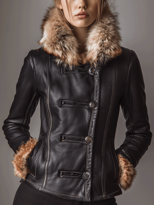 Classic Faux Leather Fur Collar Slim Fit Jacket