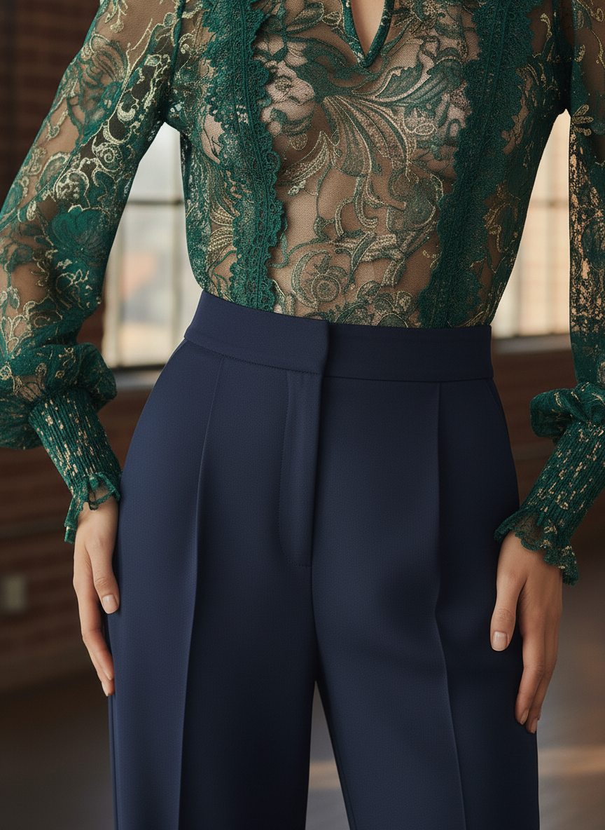 Emerald Green Gold Lace Sheer High-Neck Blouse with Keyhole Detail