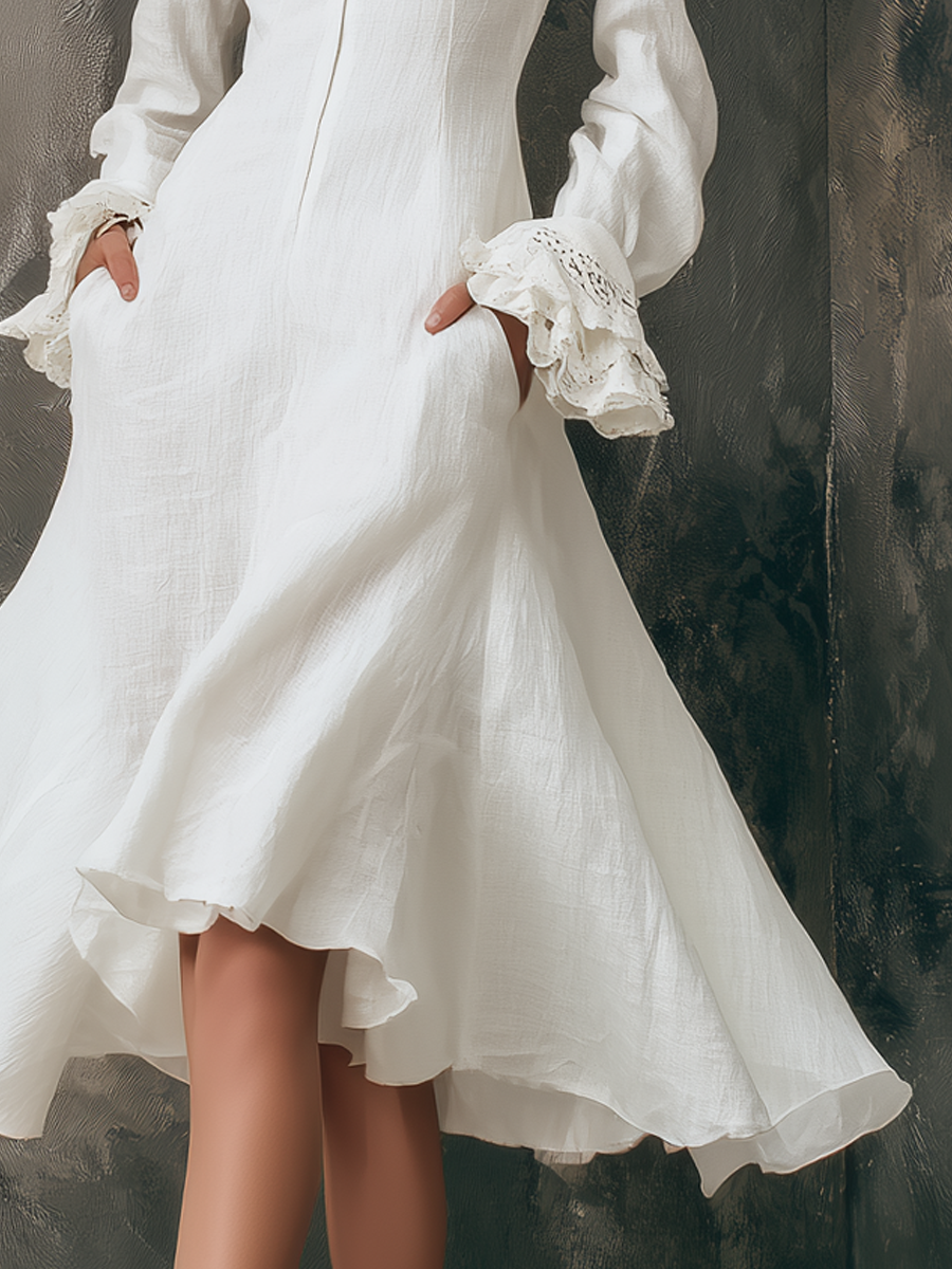 Retro Zipper Collar Ruffle Cuffs Midi Dress