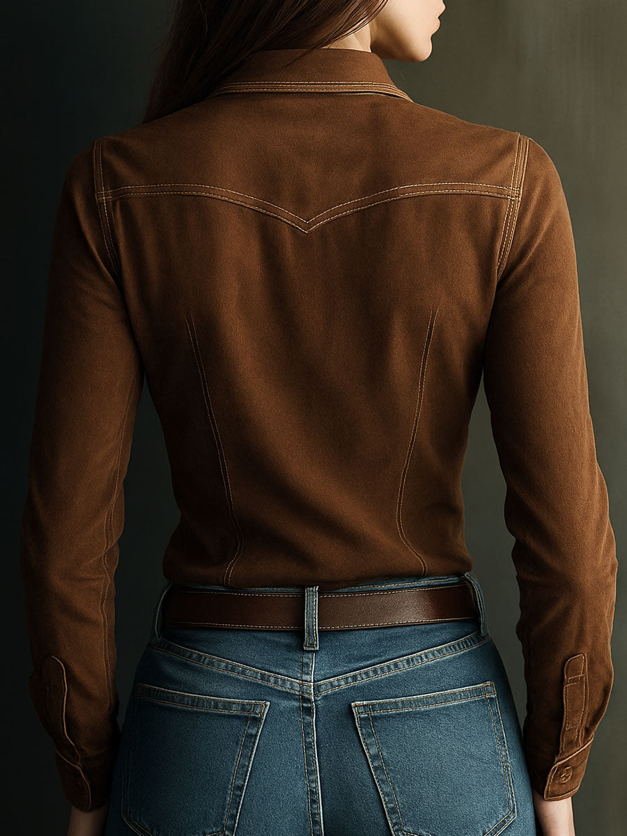 Western Brown Microsuede Button-Up Shirt With Pockets