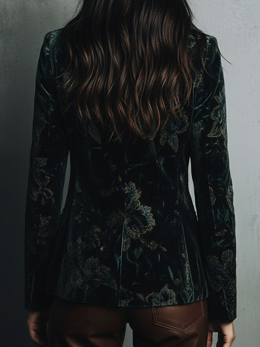 Chic Luxury Green Floral Print Velvet Blazer