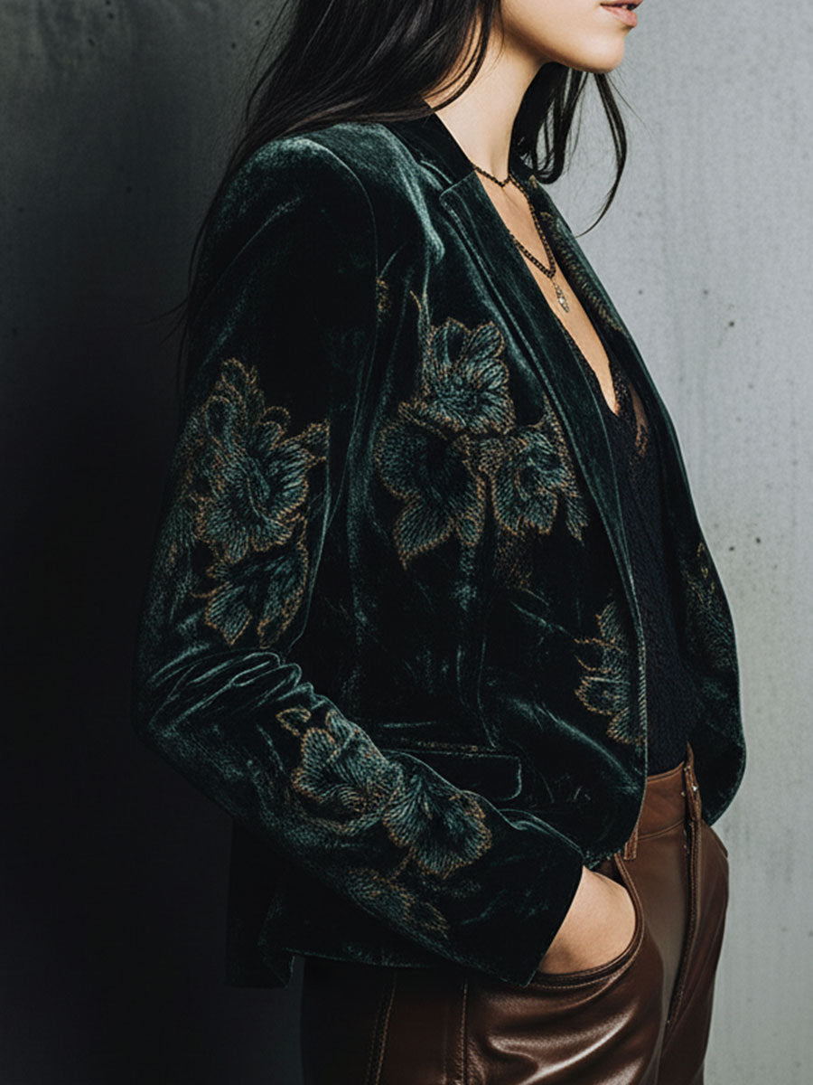 Chic Luxury Green Floral Print Velvet Blazer