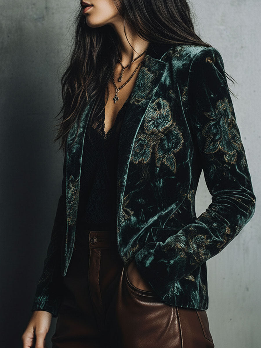 Chic Luxury Green Floral Print Velvet Blazer