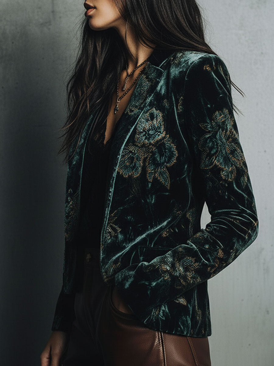 Chic Luxury Green Floral Print Velvet Blazer