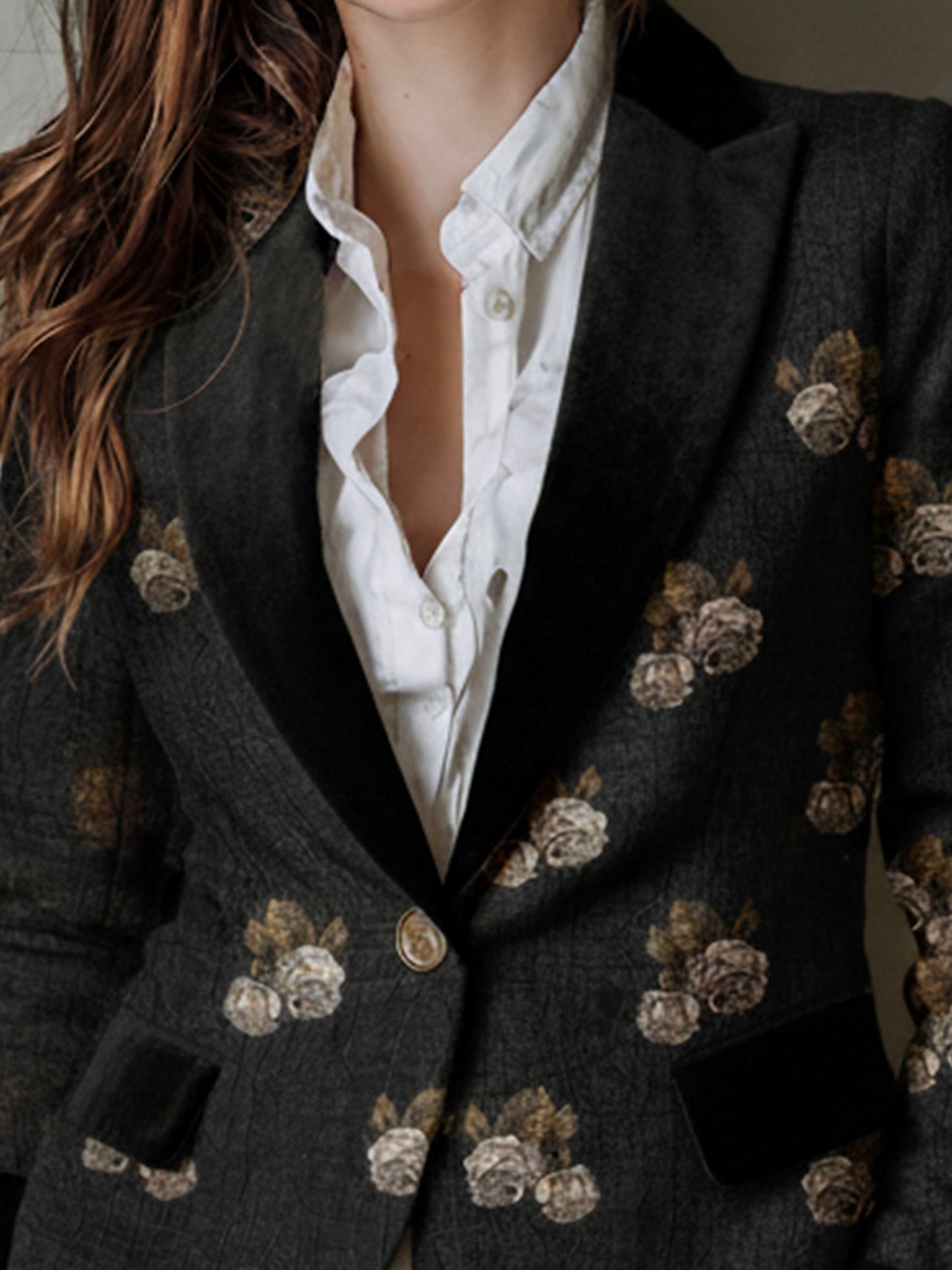 Black Textured Rose Jacquard Tailored Blazer With Velvet Trim