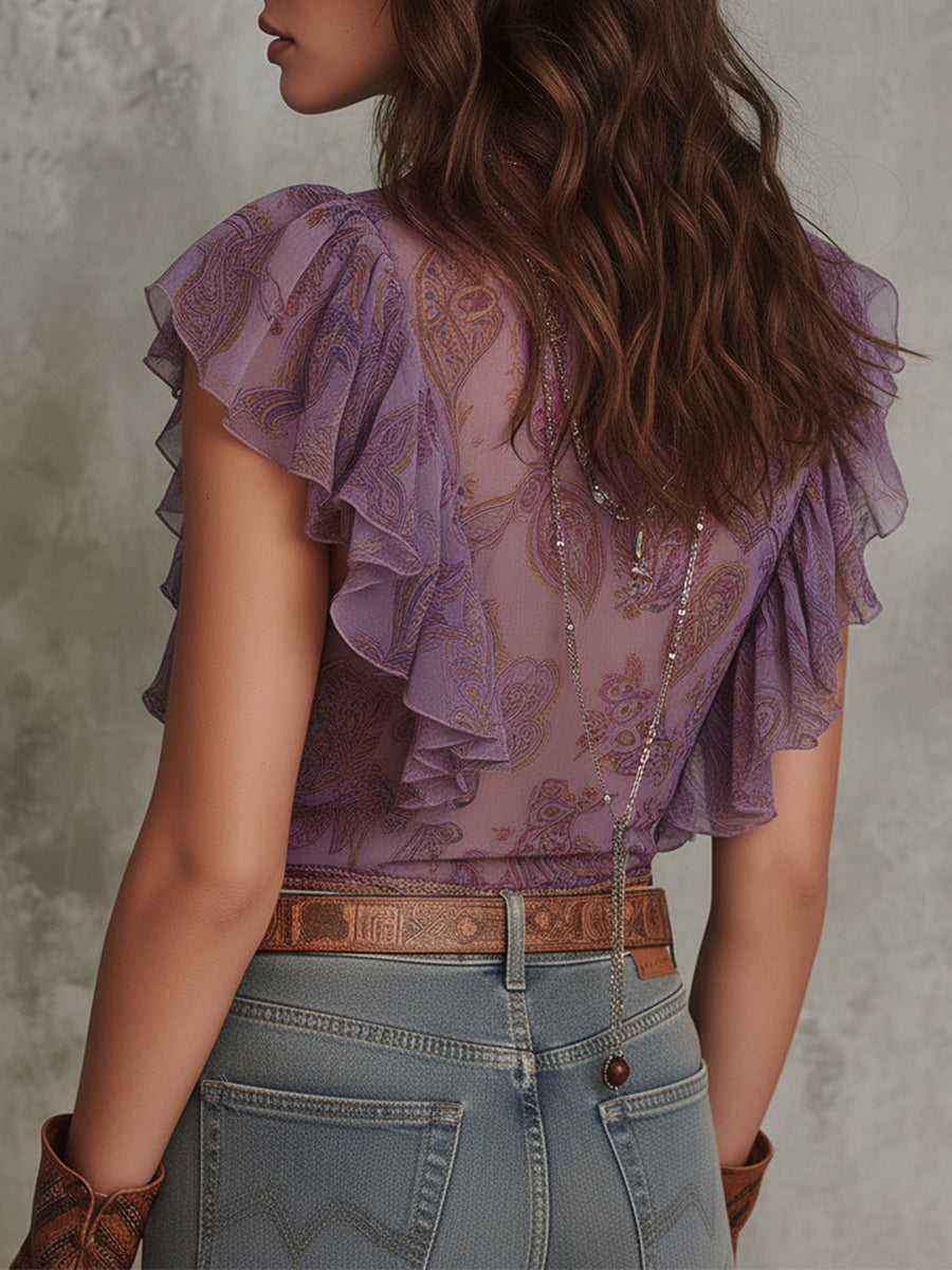Bohemian Paisley Print Chiffon Blouse With Ruffles