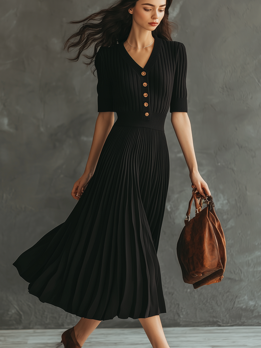 Retro Half Sleeves Pleated Knitted Maxi Dress