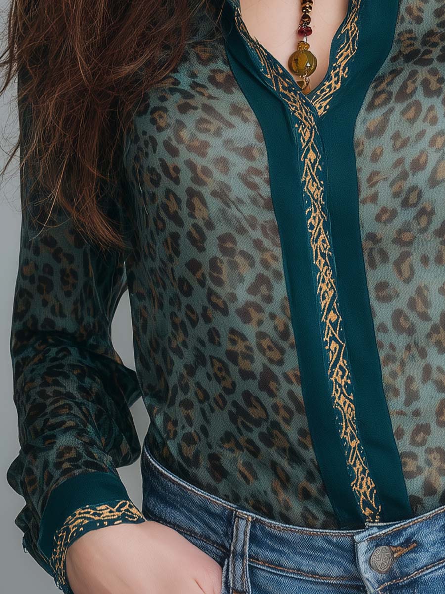 Boho Animal Print Vintage Green Chiffon Shirt