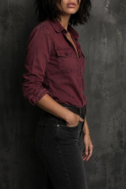 Retro Flap Chest Pocket Long-sleeved Denim Blouse