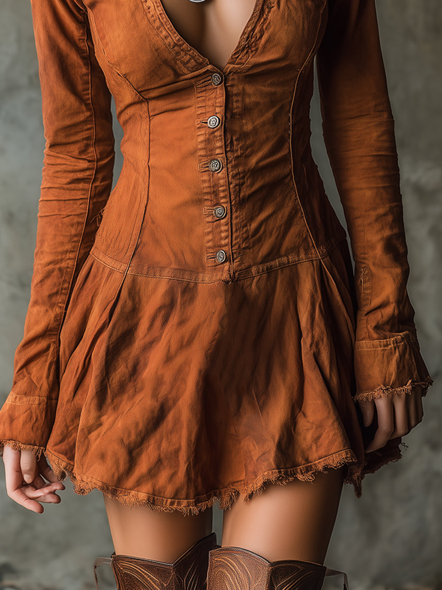 Boho Style Washed Raw Hem Slim Fit Mini Dress