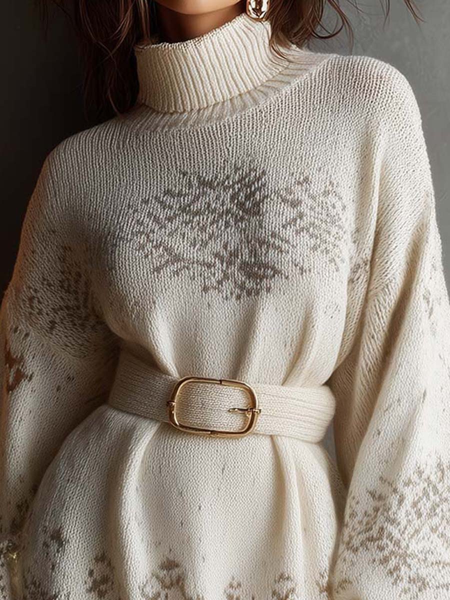 Snowflake Knit Sweater Dress With Belt