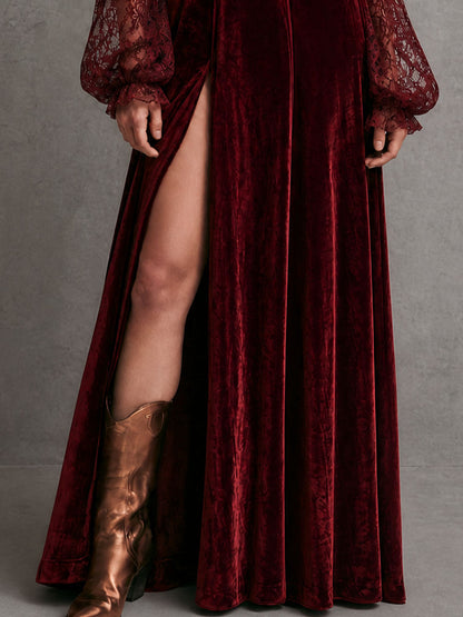 Burgundy Velvet Lace Sleeve Maxi Dress