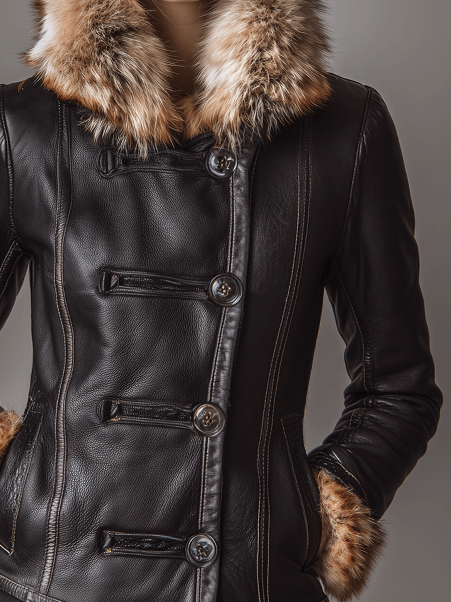 Classic Faux Leather Fur Collar Slim Fit Jacket
