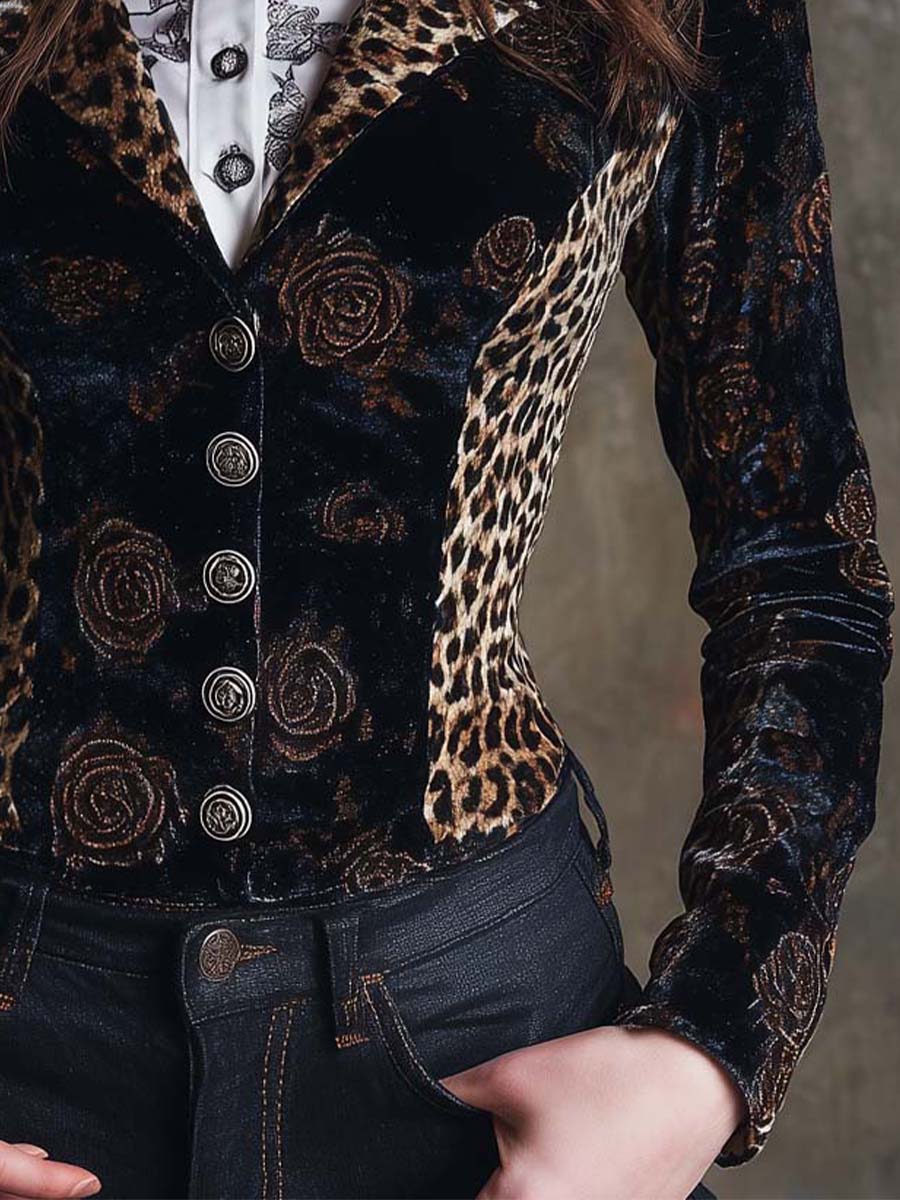 Vintage Floral And Leopard Print Velvet Blazer