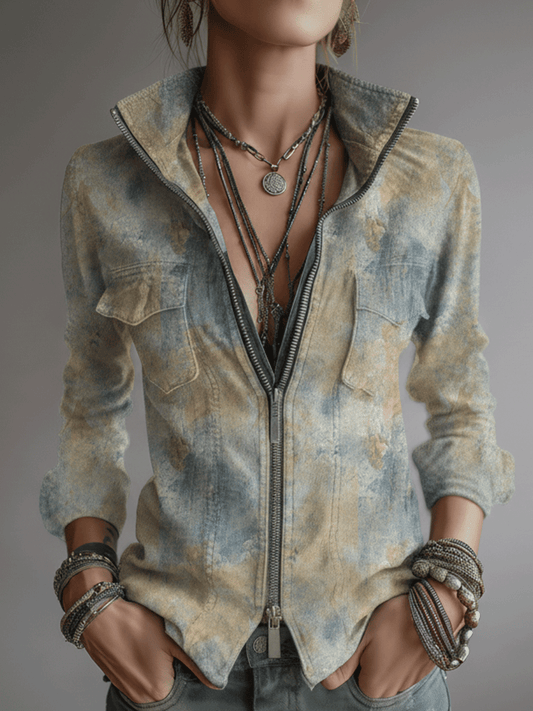 Retro Desert-Style Tie-Dye Pattern Zip-Up Shirt