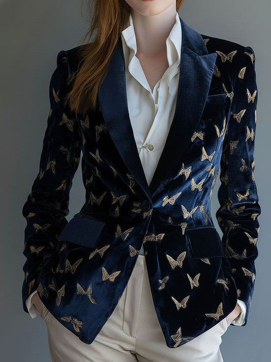 Vintage Navy Velvet Gold Butterfly Embroidered Blazer