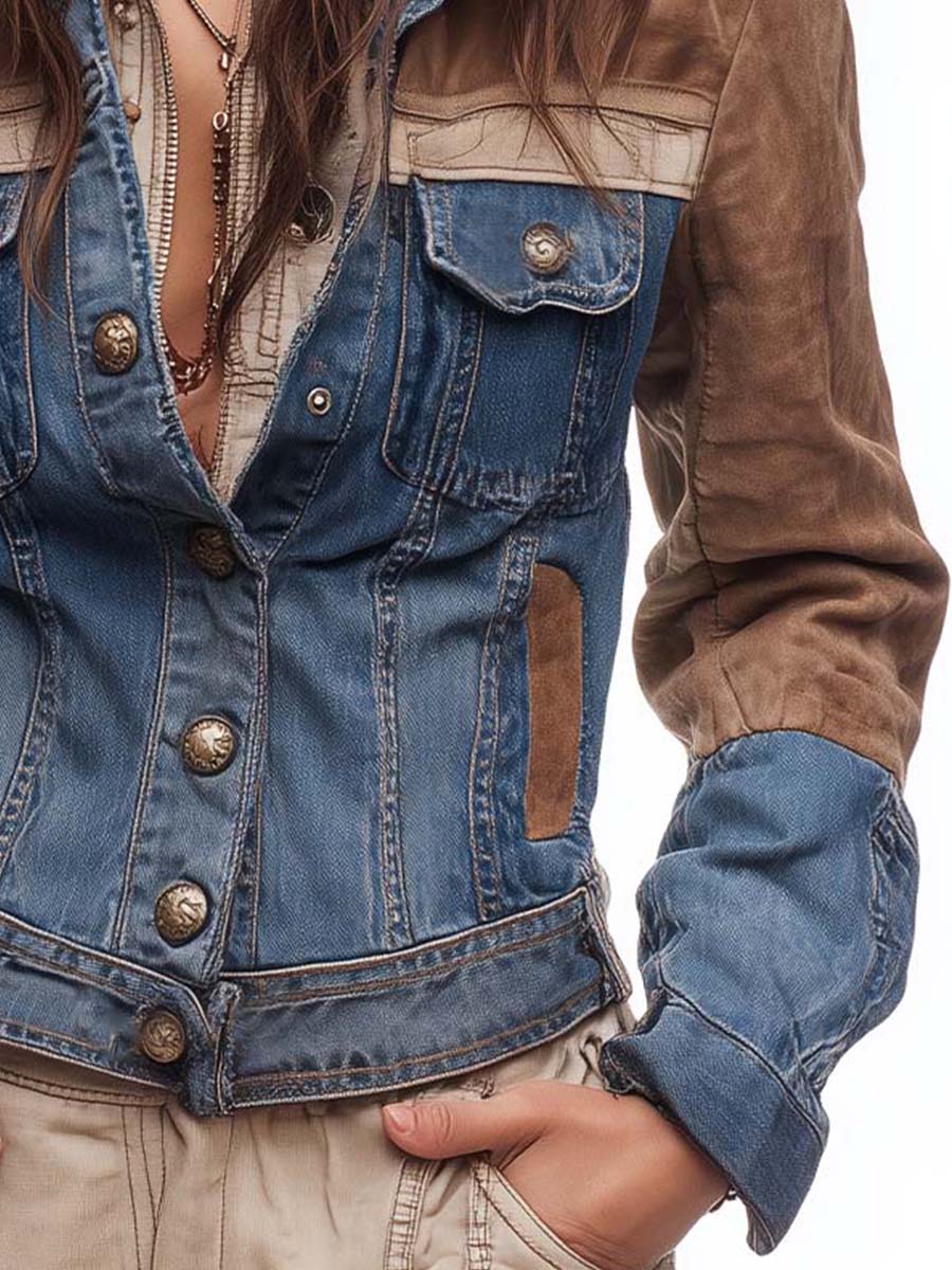 Color-Block Denim And Suede Moto Jacket