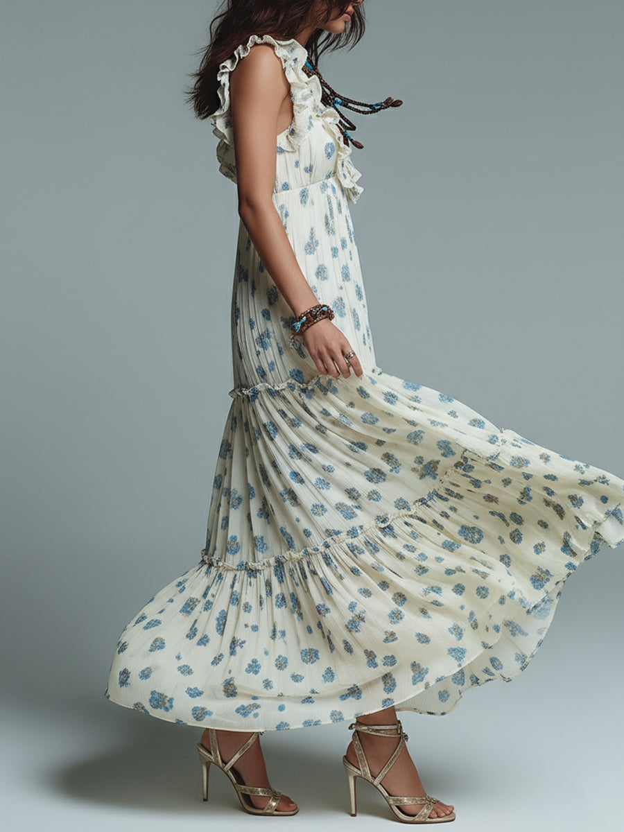 Bohemian Floral Print Pleated Maxi Dress With Ruffles