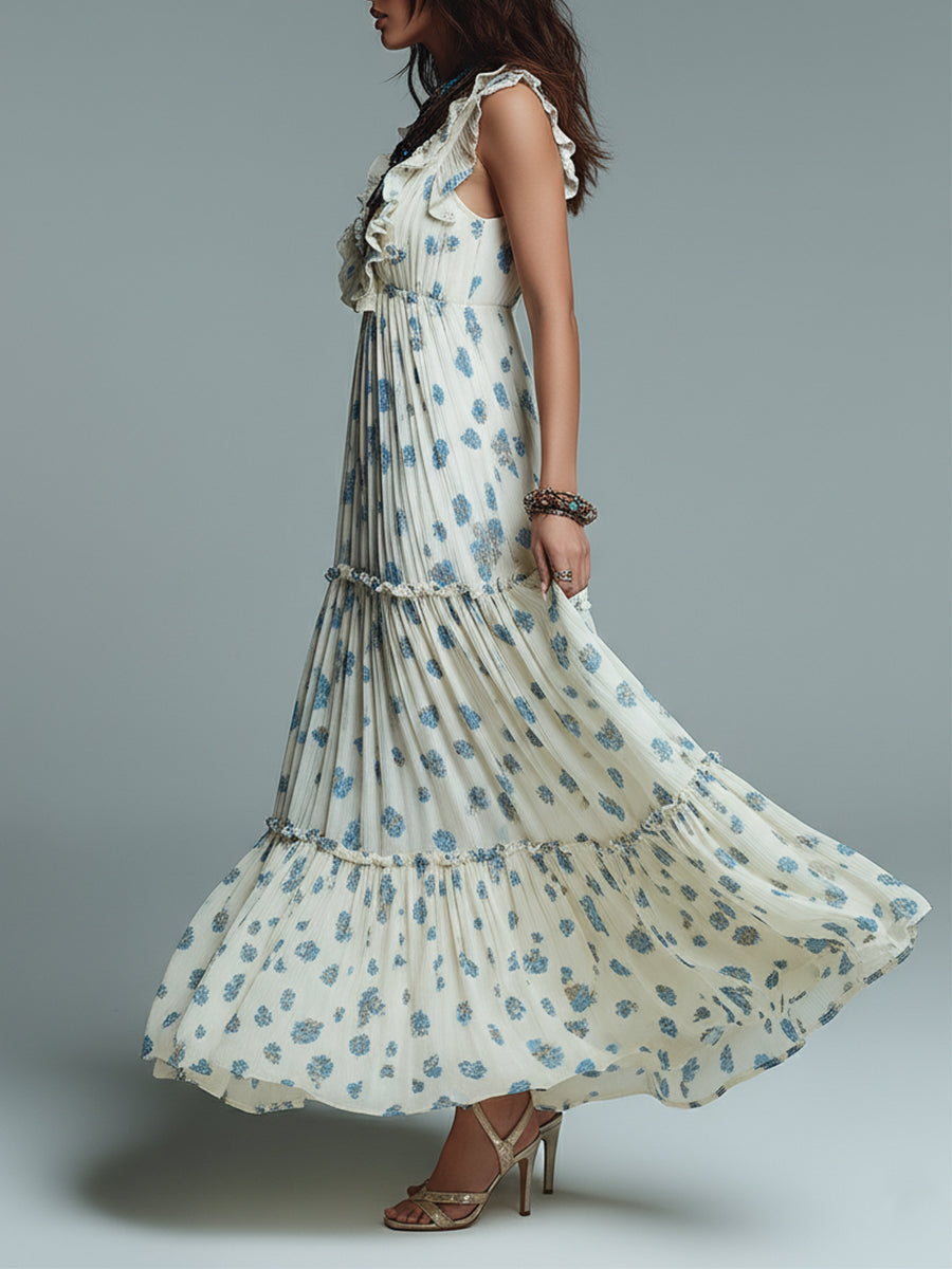 Bohemian Floral Print Pleated Maxi Dress With Ruffles