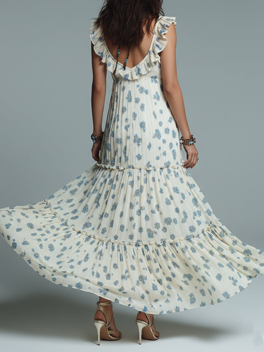 Bohemian Floral Print Pleated Maxi Dress With Ruffles