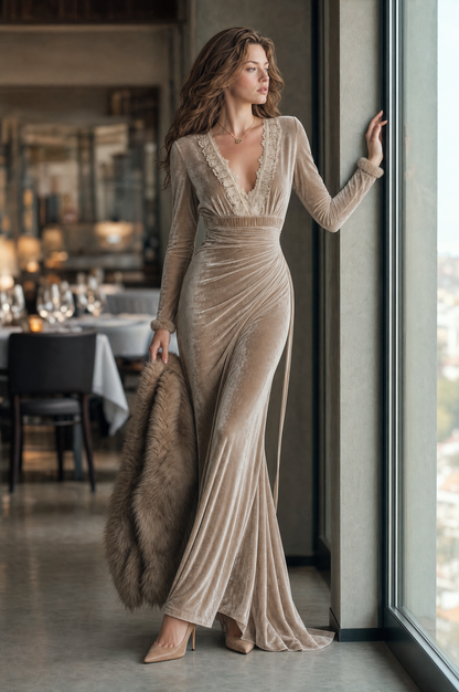Elegant Velvet Long Sleeve V-Neck Draped Maxi Dress With Faux Fur Trim