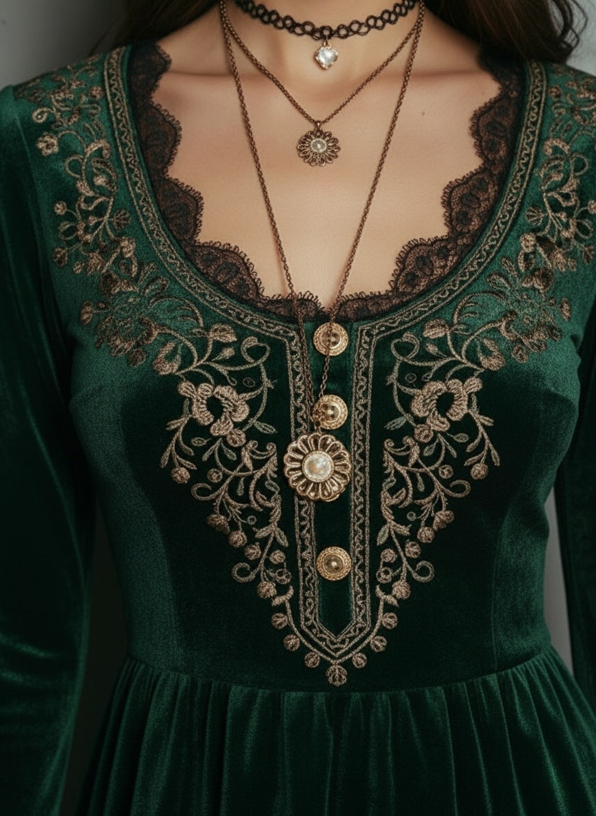 Emerald Velvet Embroidered Mini Dress