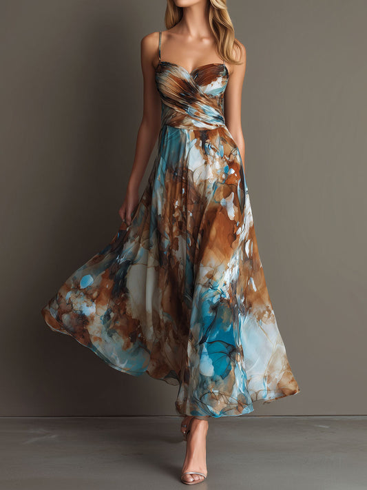 Boho Watercolor Print Chiffon Spaghetti Strap Maxi Dress