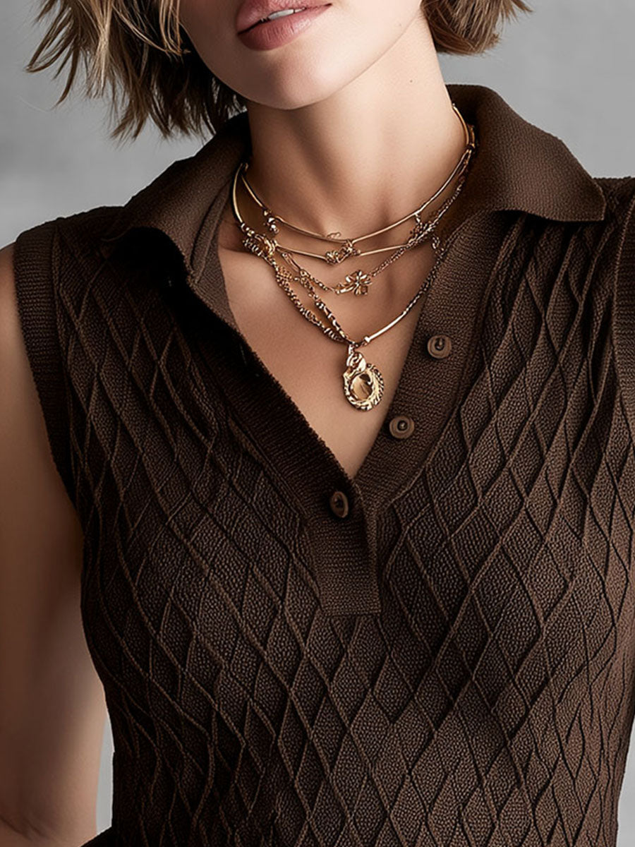 Coffee Brown Textured Diamond Pattern Sleeveless Polo Shirt