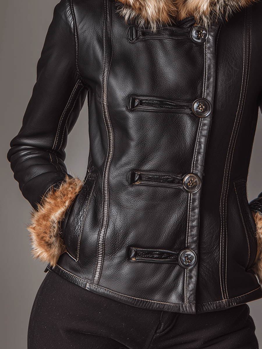 Classic Faux Leather Fur Collar Slim Fit Jacket