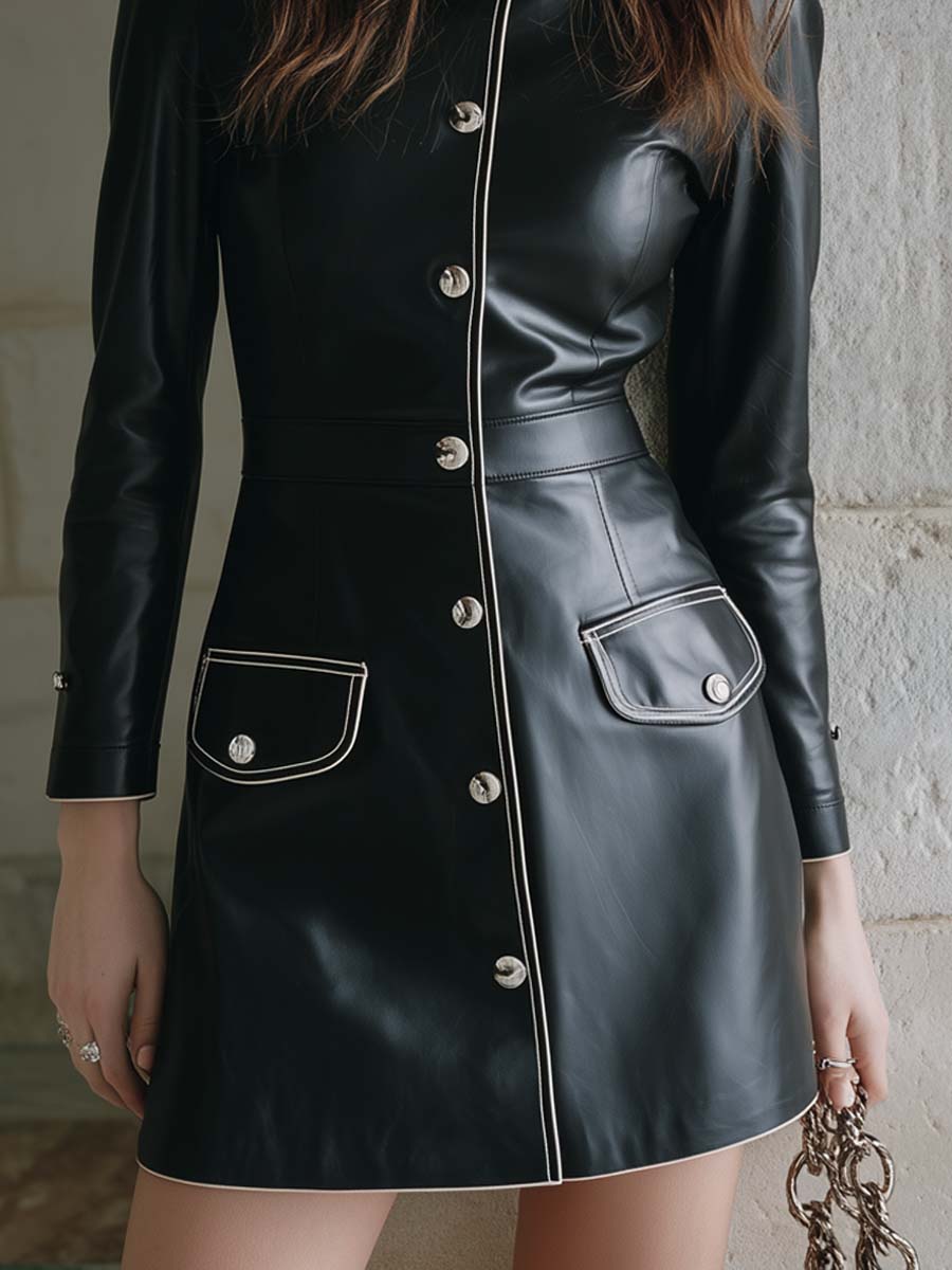 Vintage Buttons Contrast Trimmed Eco-friendly Leather Mini Dress