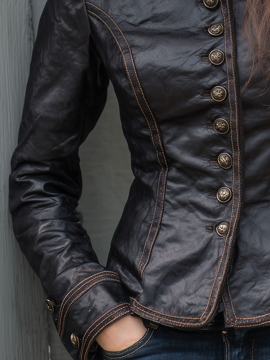 Retro Stand Collar Metal Button Pu Jacket