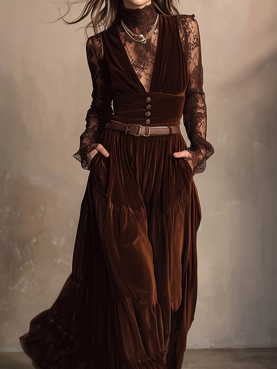Retro Turtleneck Lace Top & Velvet Vest Maxi Dress Set With Belt
