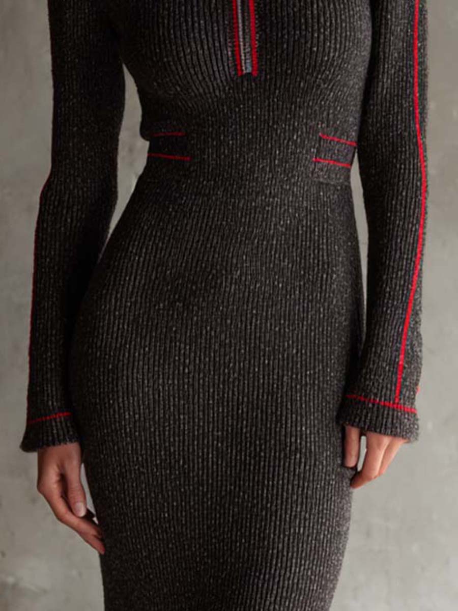 Rock Ash Knit Bodycon Midi Dress With Red Trim