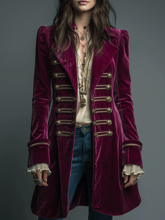 Regal Burgundy Velvet Officer-Inspired Coat