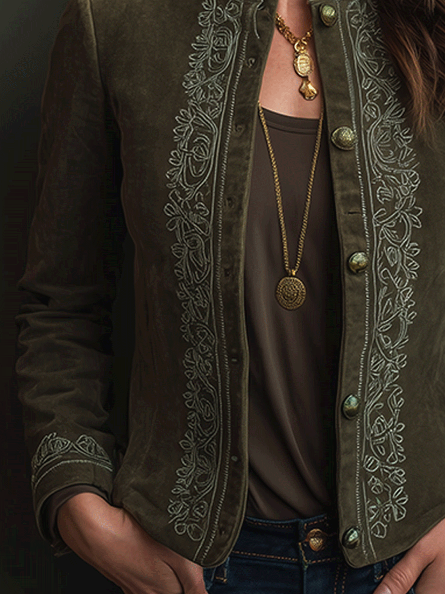 Vintage Embroidered Suede Stand Collar Jacket