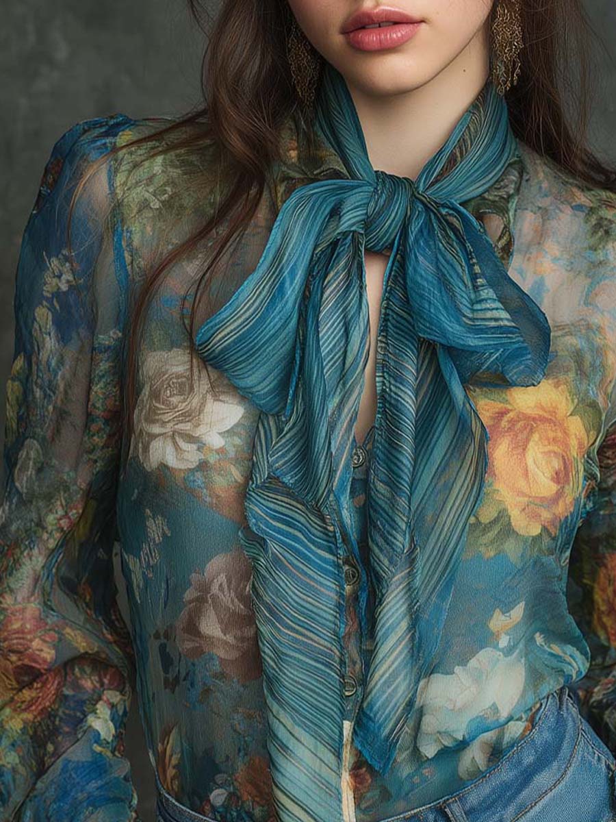 Vintage Romantic Floral Sheer Bow Blouse