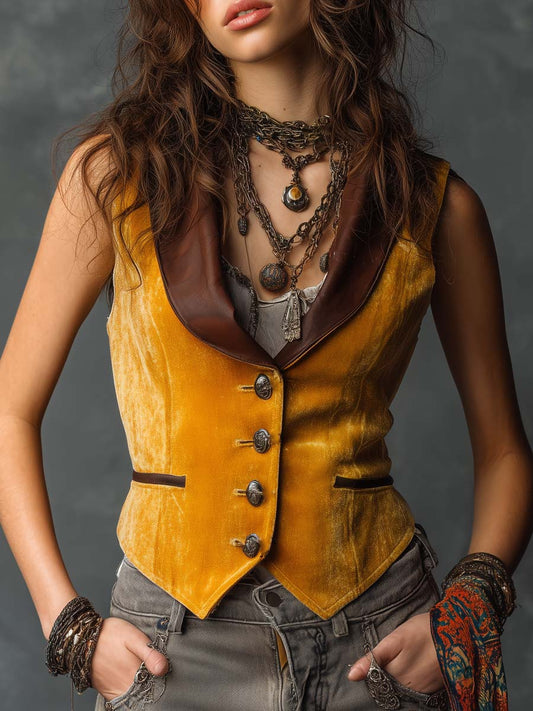 Vintage Velvet Vest With Eco-Leather Lapel