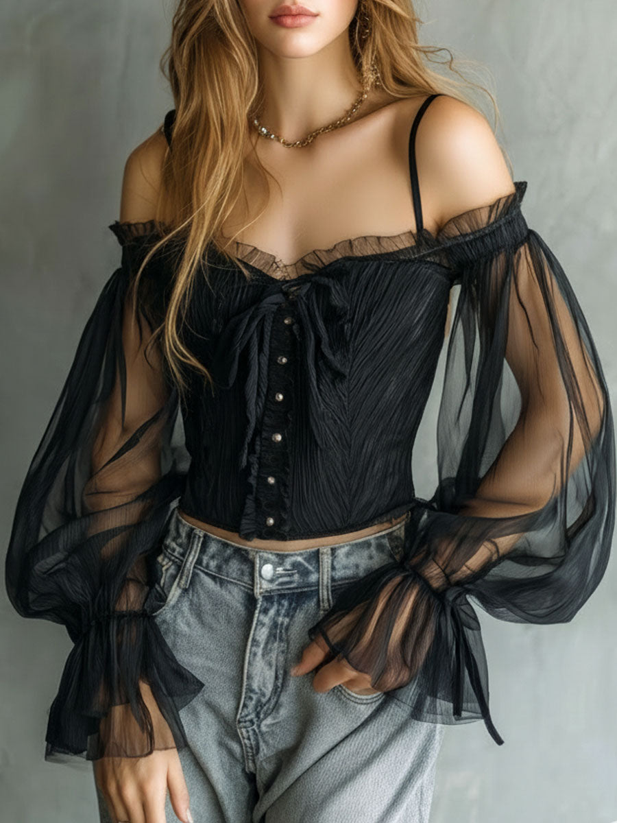 Romantic Off-Shoulder Black Sheer Sleeve Ruffled Bodice Corset Top