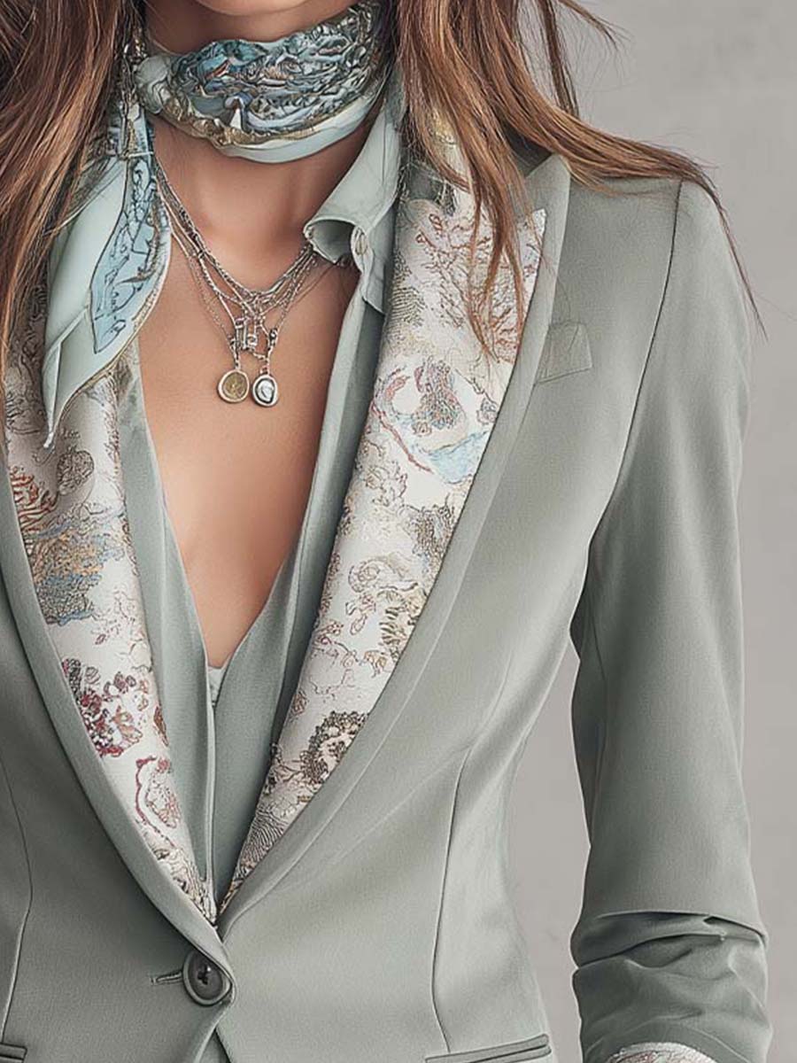 Satin-Trim Printed Lapel Tailored Blazer